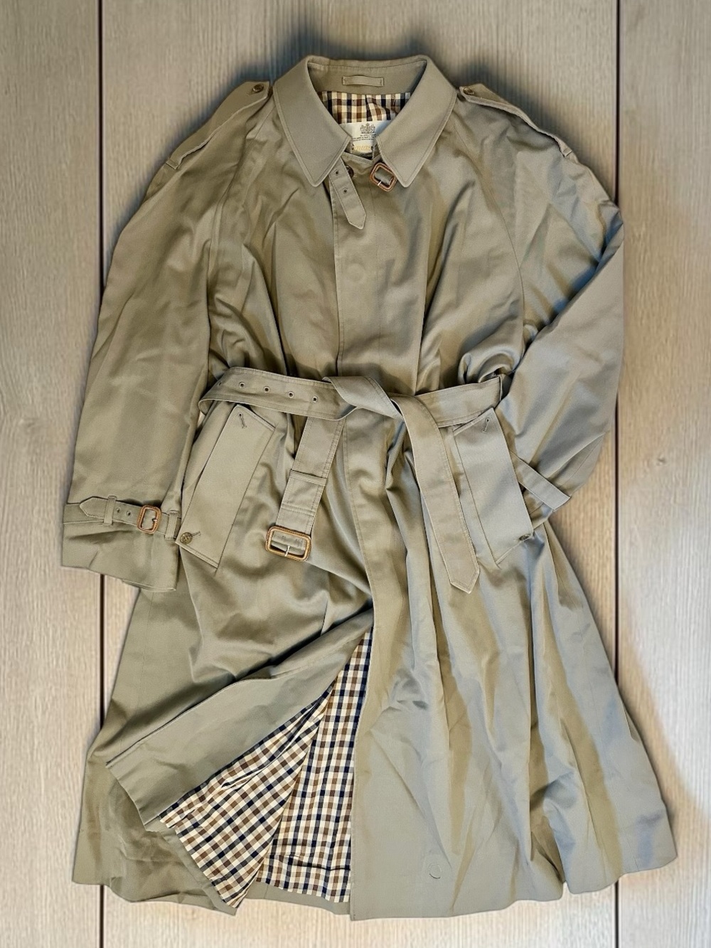 Vintage Aquascutum of London Trench Coat in Khaki Green with Checked Lining